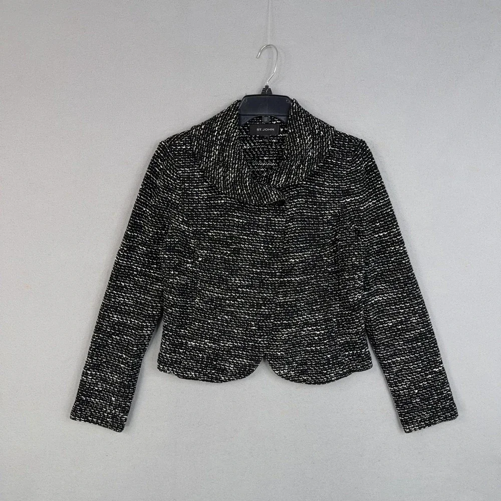 St John Blazer Womens 8 Black White Knit Shawl Collar Wool Blend Jacket Sweater